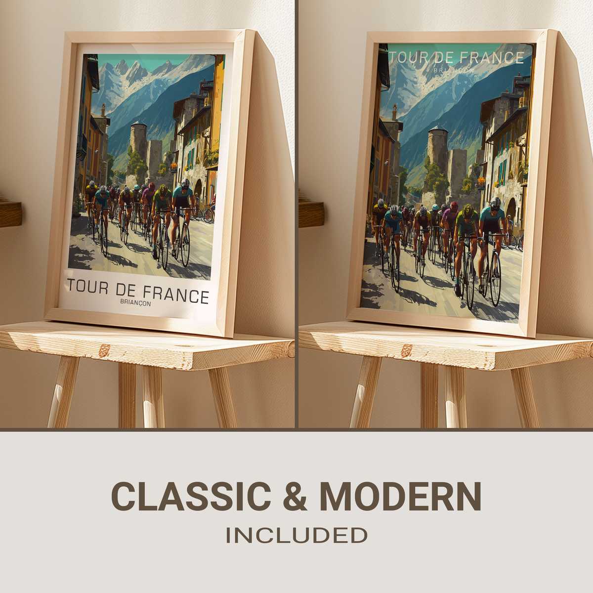 Minimalist poster showing a racing bike silhouette aligned with mountain contours of Briançon