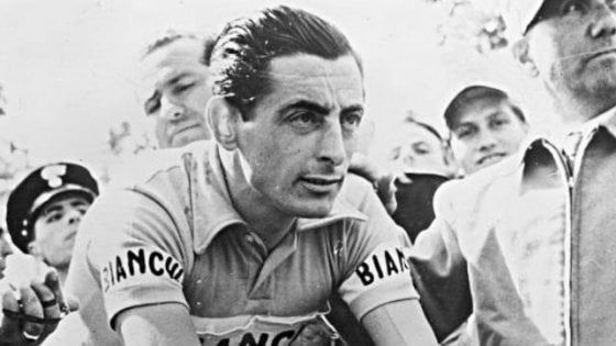 Fausto Coppi climbing in classic mountain terrain