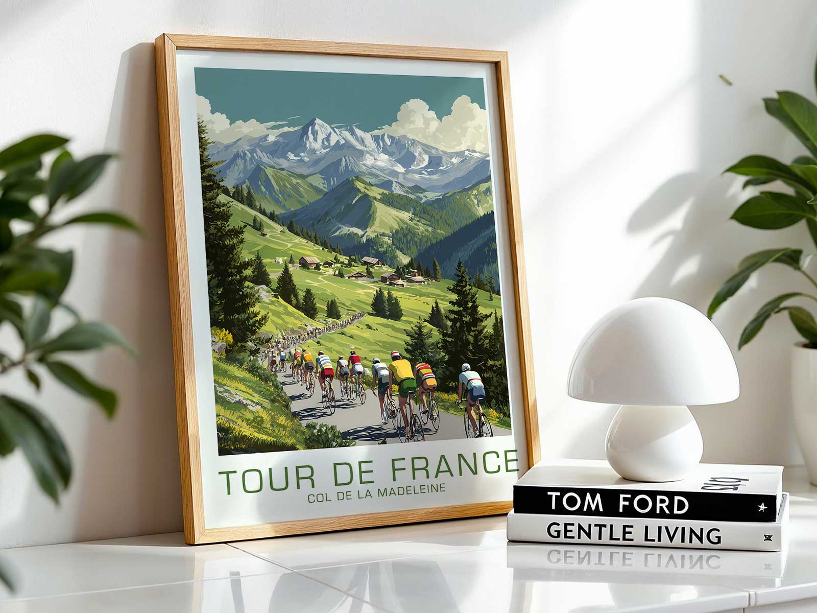 Retro poster focusing on strong alpine light and deep shadows across rocky slopes and a cyclist straining upward