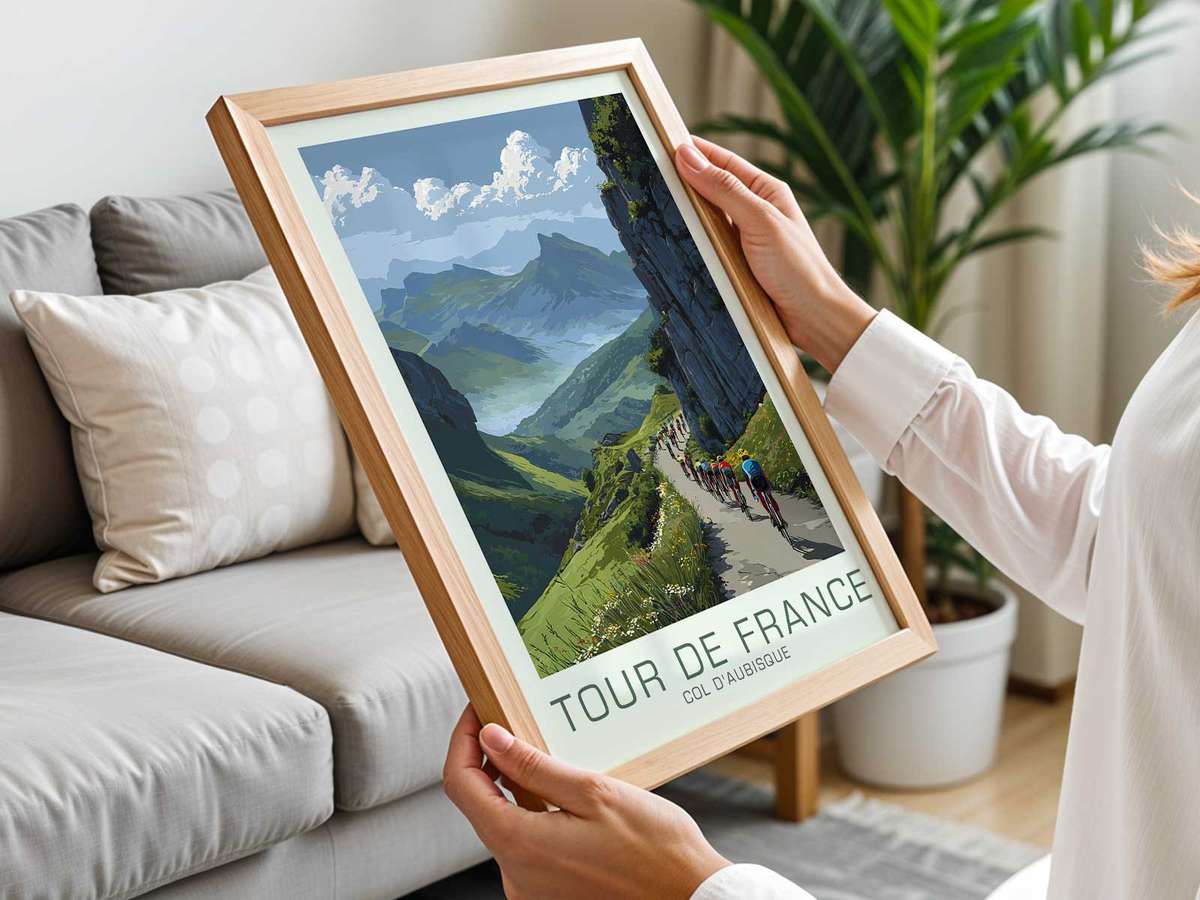 Retro poster emphasizing alpine light and long shadows on the slopes of the Col d’Aubisque to suggest time and effort
