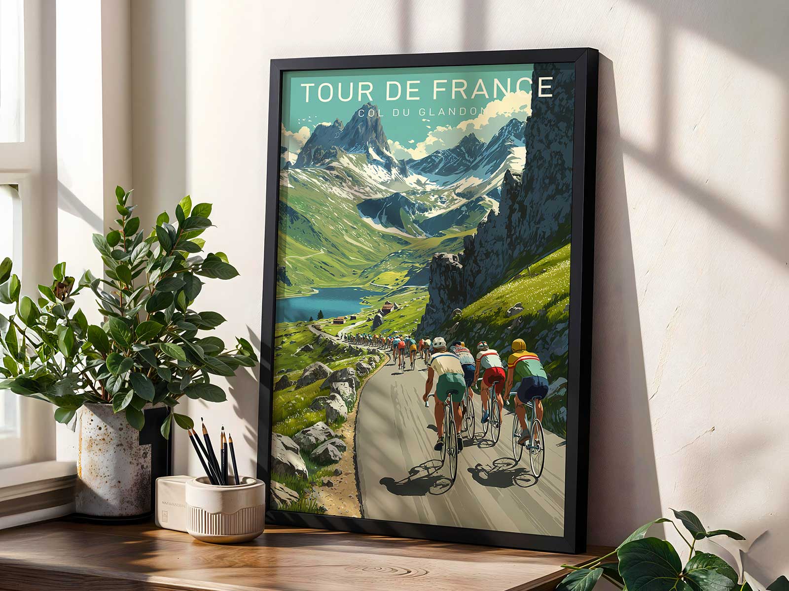 Poster emphasizing alpine light and long shadows on the Col du Glandon slopes at golden hour