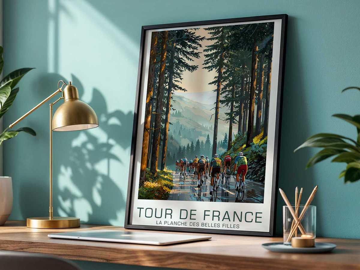 Golden hour alpine light bathing the slopes and road, creating dramatic contrasts and an epic atmosphere on the poster