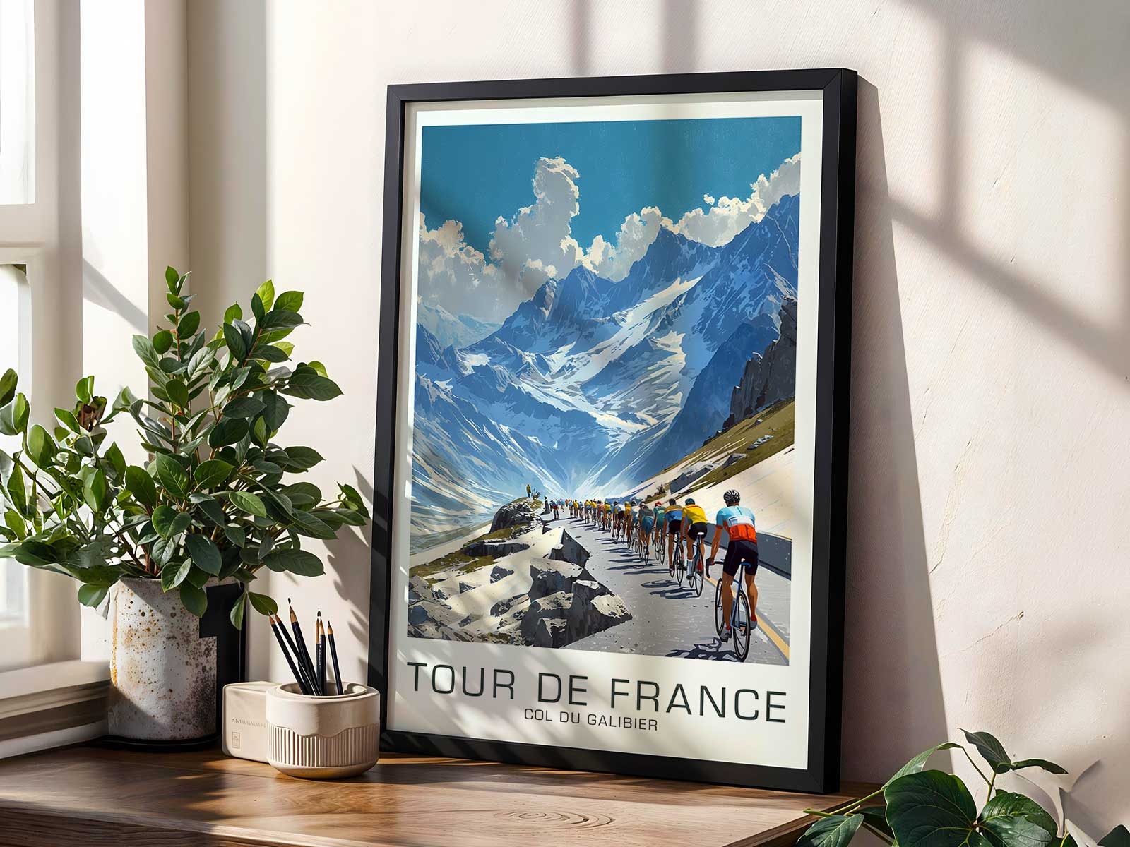 High vantage point showing an alpine plateau and road switchbacks descending into the valley in poster illustration
