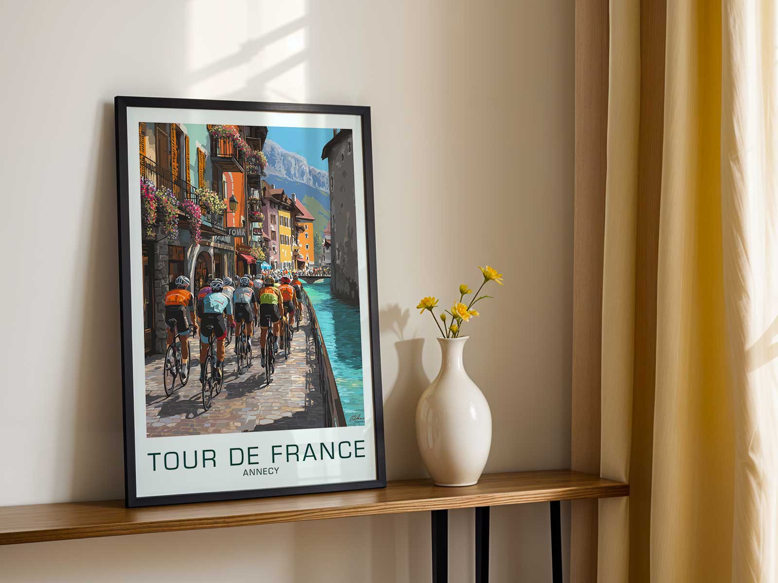 Minimalist poster showing a bicycle silhouette against Annecy mountain outlines, emphasizing frame geometry