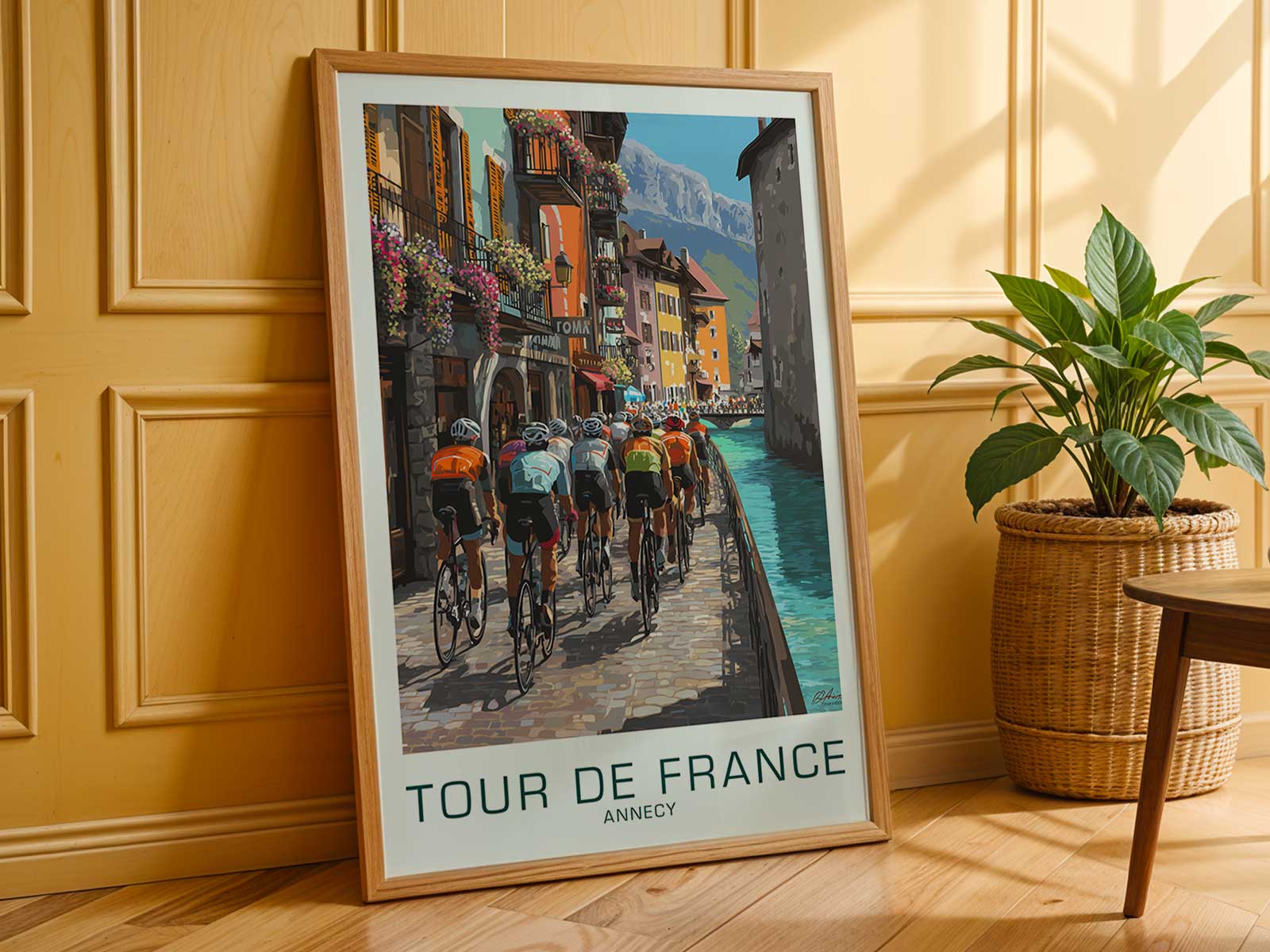 Graphic poster mapping an Annecy route with a stylized bicycle integrated into the course line