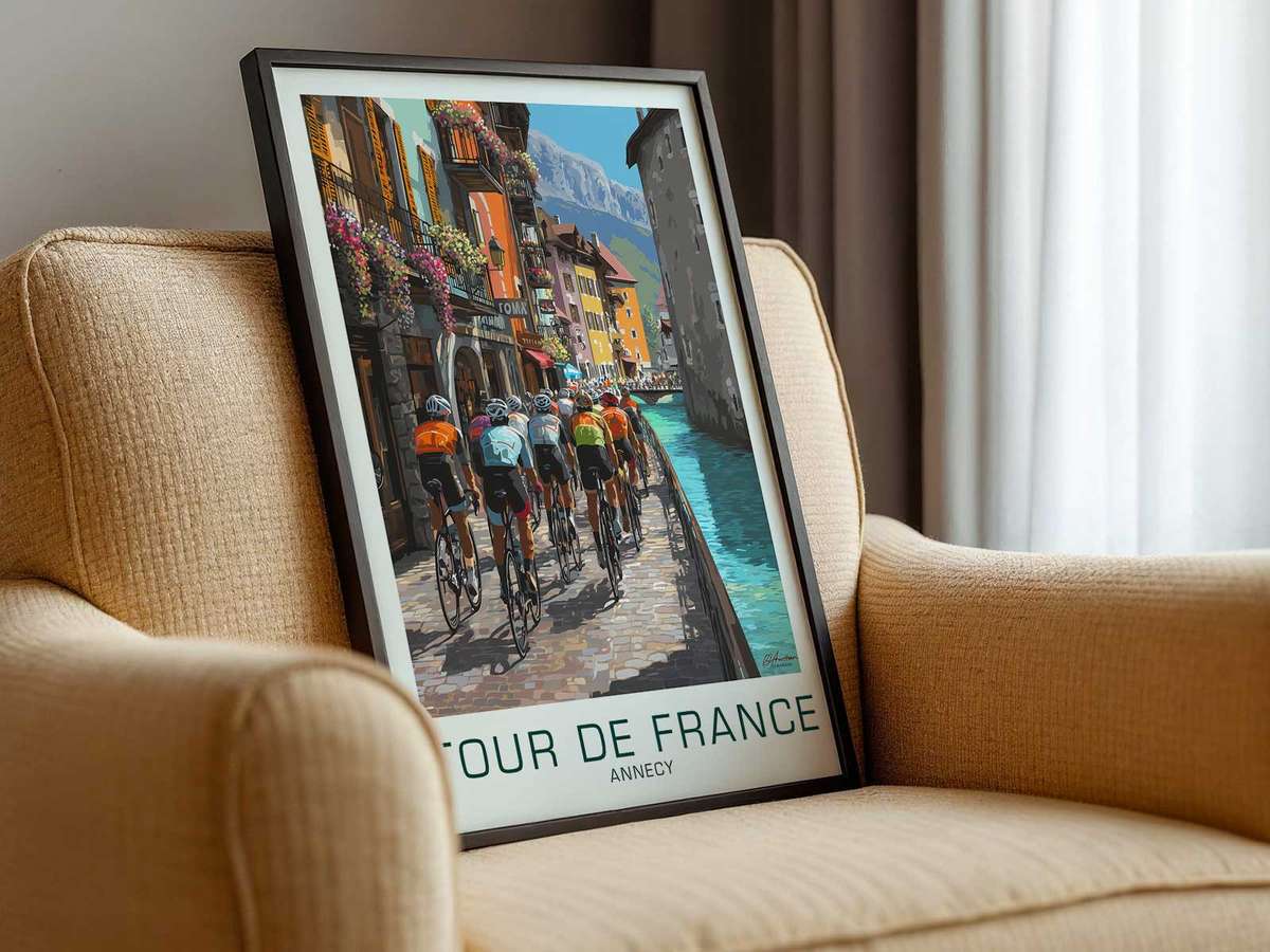 Decorative Annecy Vintage Tour de France Cycling artwork designed for road racers and bike workshop decor