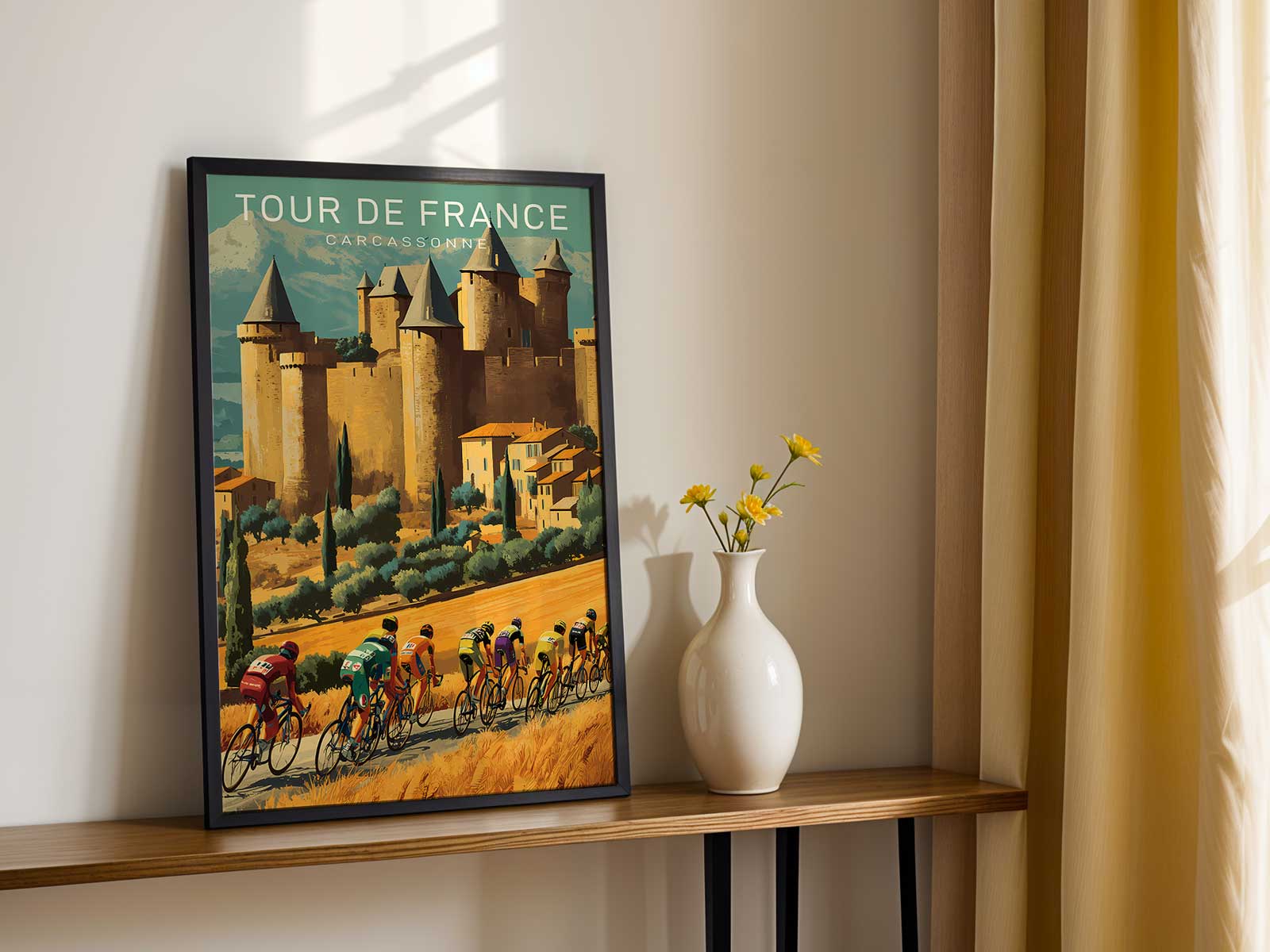 Annotated detail of the poster pointing out heritage elements like medieval landmarks, route markers and archival motifs