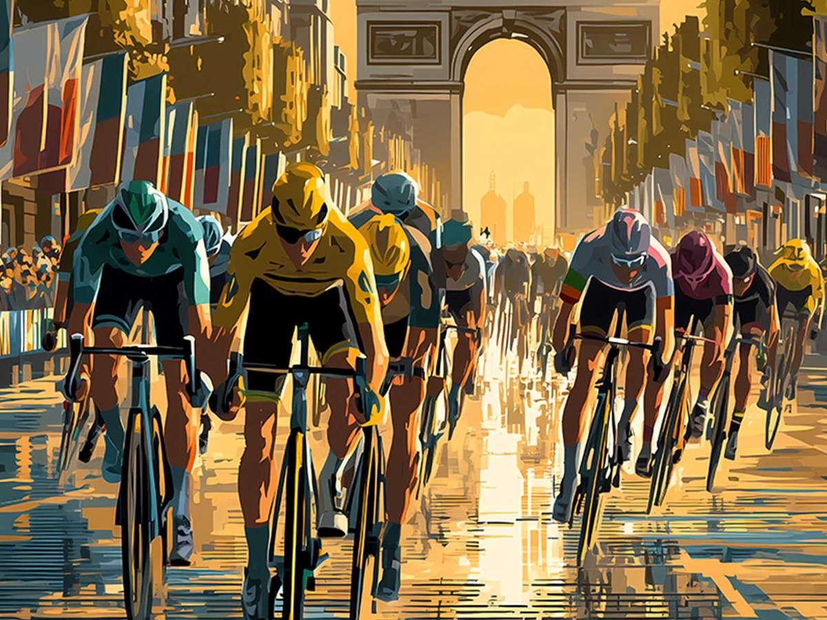 Perspective toward the Arc de Triomphe with blurred riders suggesting speed and the crowd-packed sidewalks