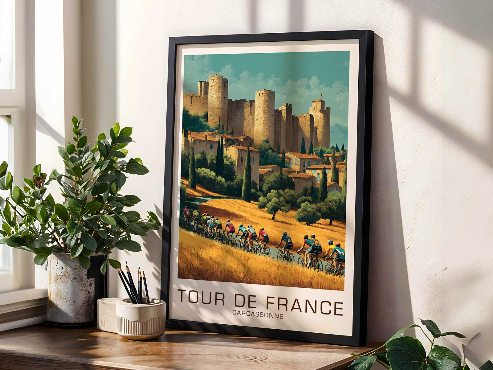 Close-up of archival paper texture and faded ink on a Carcassonne-inspired Tour de France poster