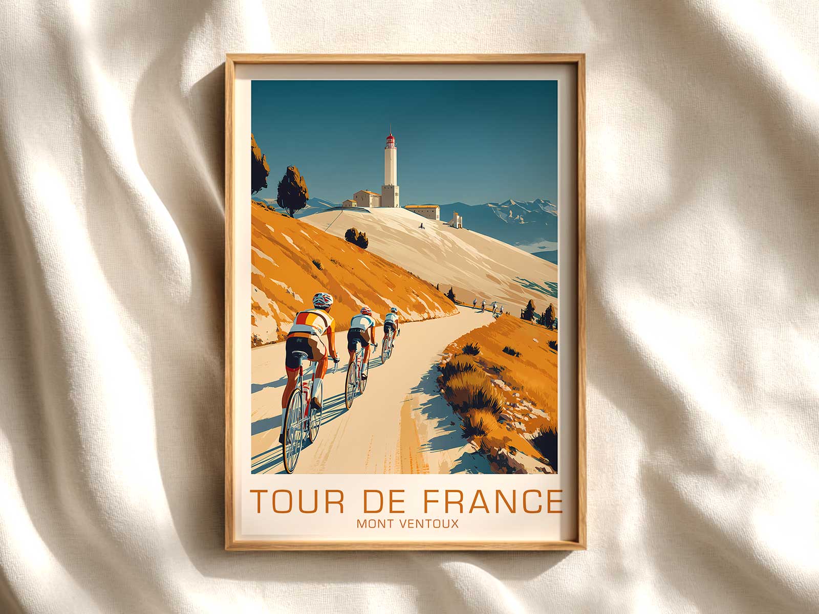 Layered distant ridgelines and valley haze seen from the Ventoux ascent, with a peloton winding through the middle ground…