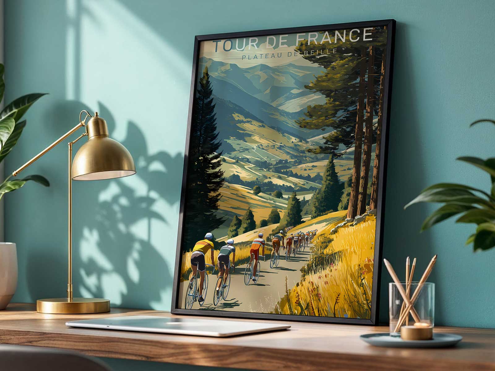Poster rendering of Plateau de Beille at dusk with atmospheric lighting and misty valleys creating depth and an inviting mood