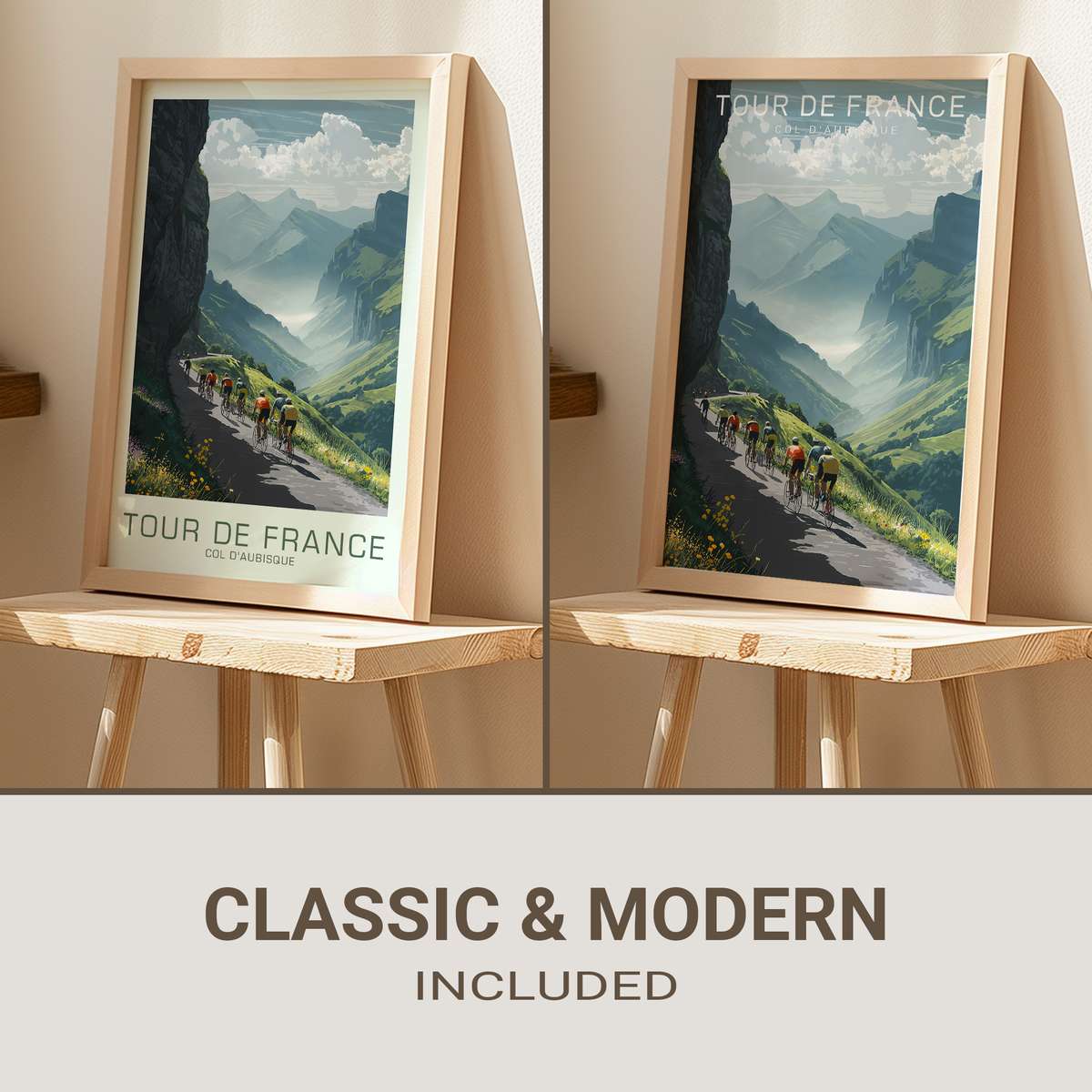 Retro poster view of the Col d’Aubisque summit silhouette against a pale sky, emphasizing height and isolation