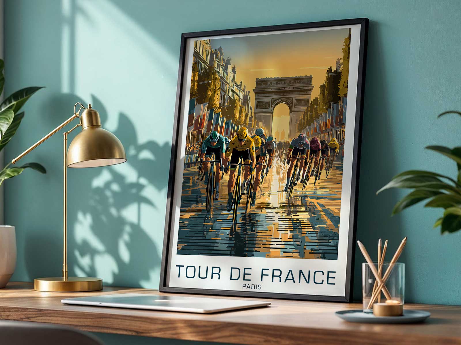 Wide-angle view down the Champs-Élysées framing the sprint finish, combining perspective lines, crowds and light to form an…