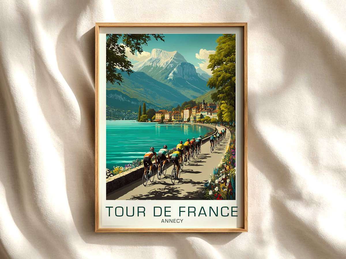 Vintage Annecy poster showing a classic racing bicycle silhouette overlaid on a stylized map of Annecy and mountains