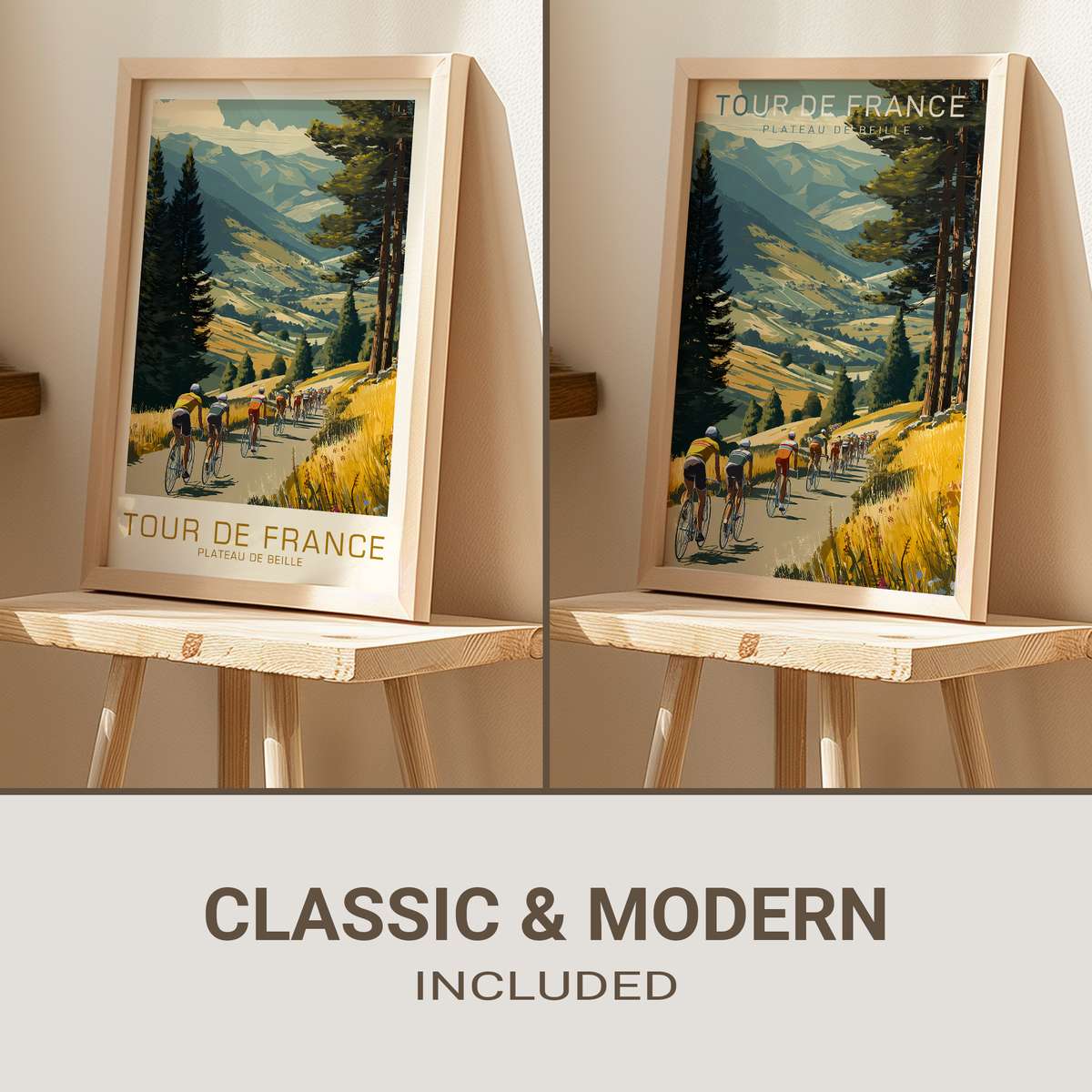 Vintage Plateau de Beille Tour de France poster showing the mountain slope, rocky outcrops and a small peloton climbing…