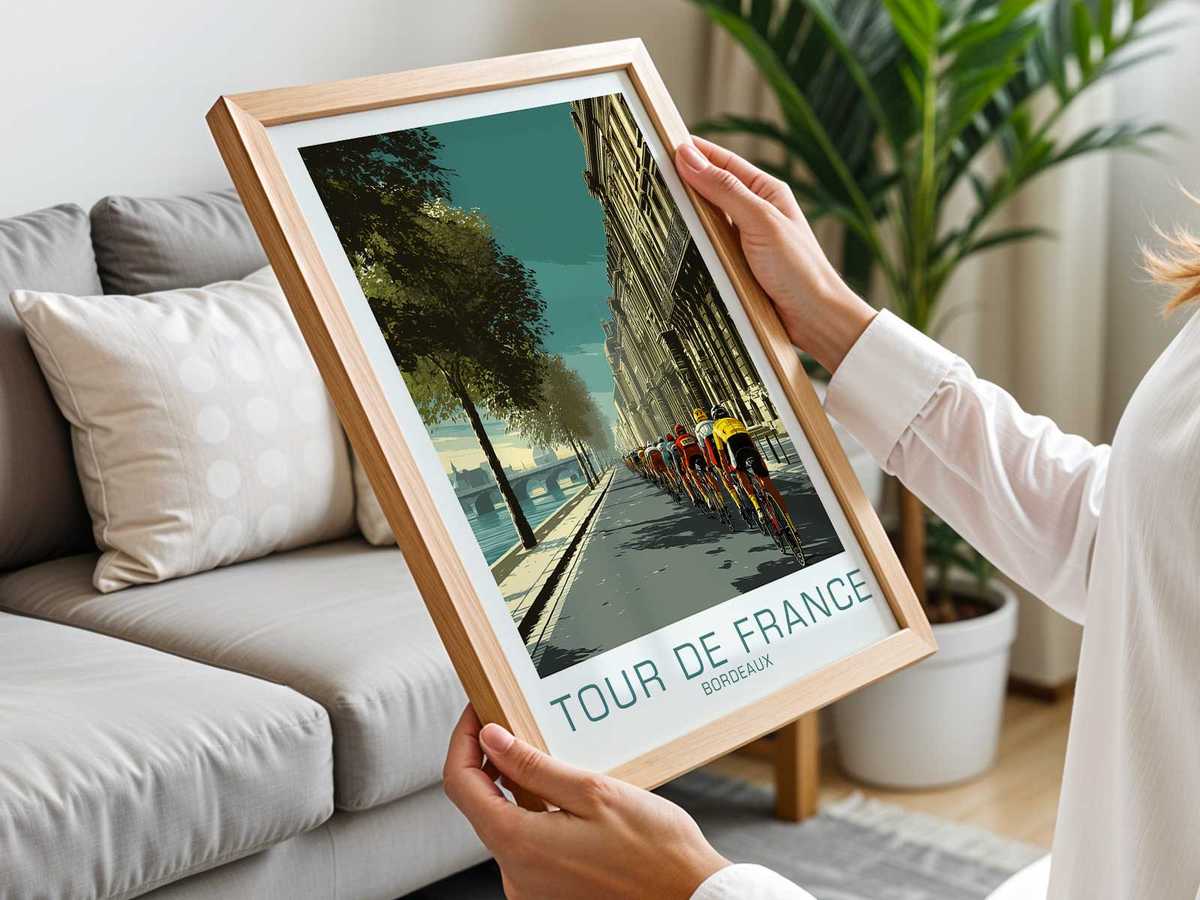 Bicycle wall art showcasing race tactics expressed through dynamic composition inspired by how a bordeaux-vintage evokes tour de france memory and a scenic visual character
