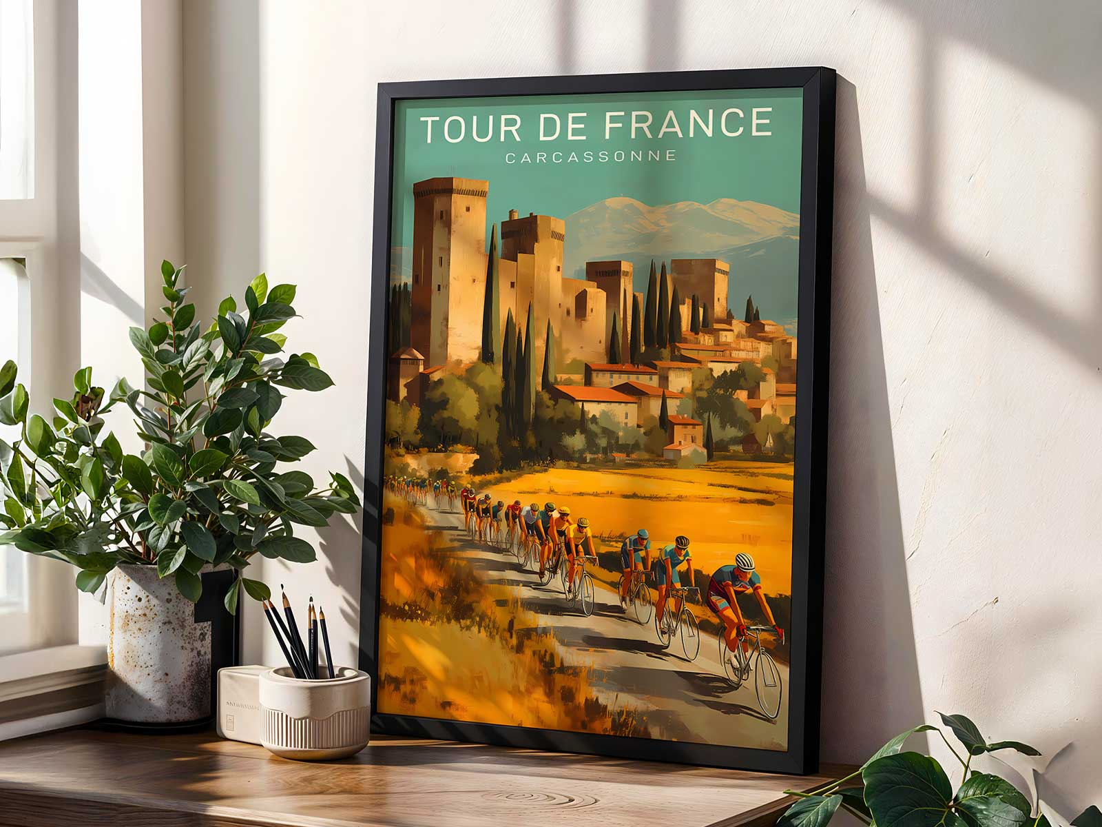 Full bicycle silhouette on a hilltop at sunrise with Carcassonne contours behind, creating dramatic tension