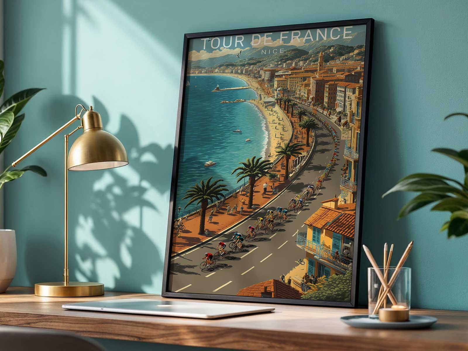 Art print where overlapping bike wheels frame a stylized Nice coastline and urban silhouette