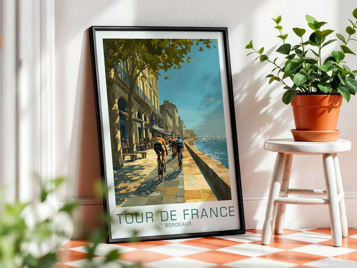 Framed Bordeaux vintage Tour poster hanging in a modern interior showing decorative use