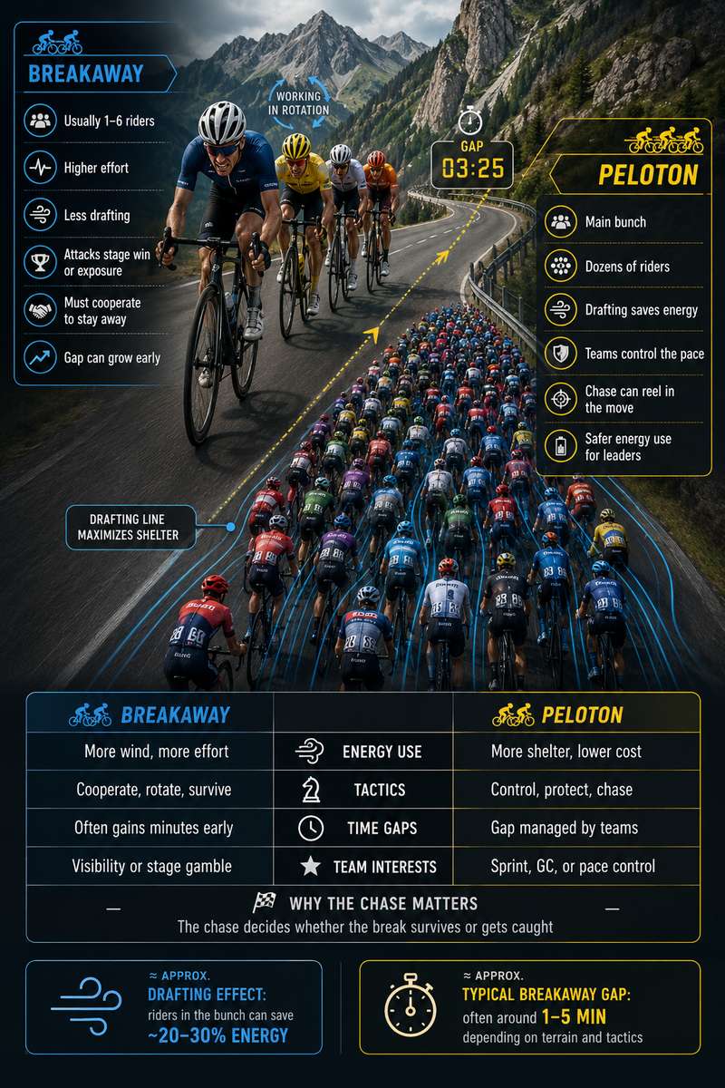 Large peloton tightly packed riding at high speed with visible aerodynamic formation and team jerseys