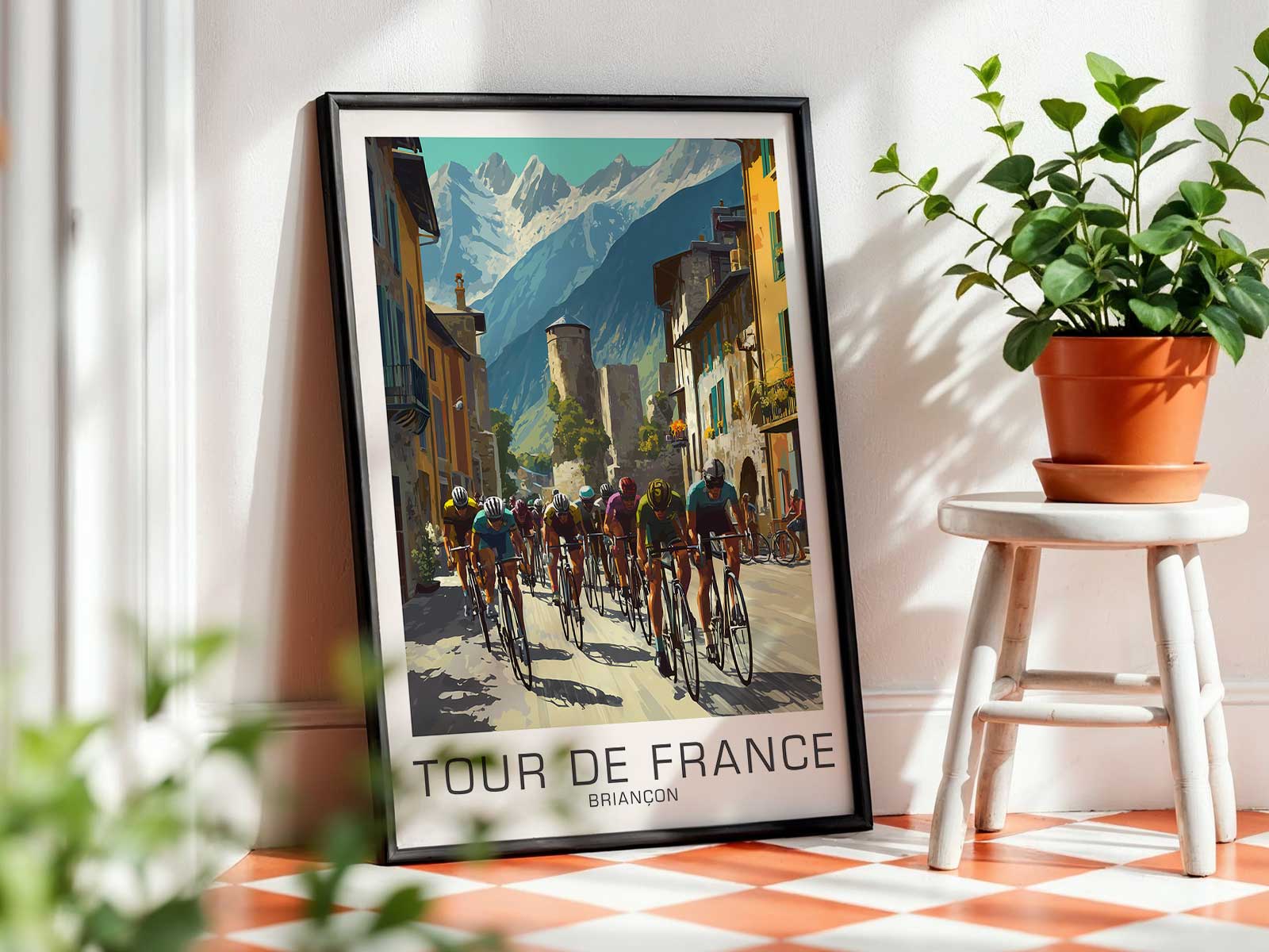 Minimalist poster showing a racing bike silhouette aligned with mountain contours of Briançon