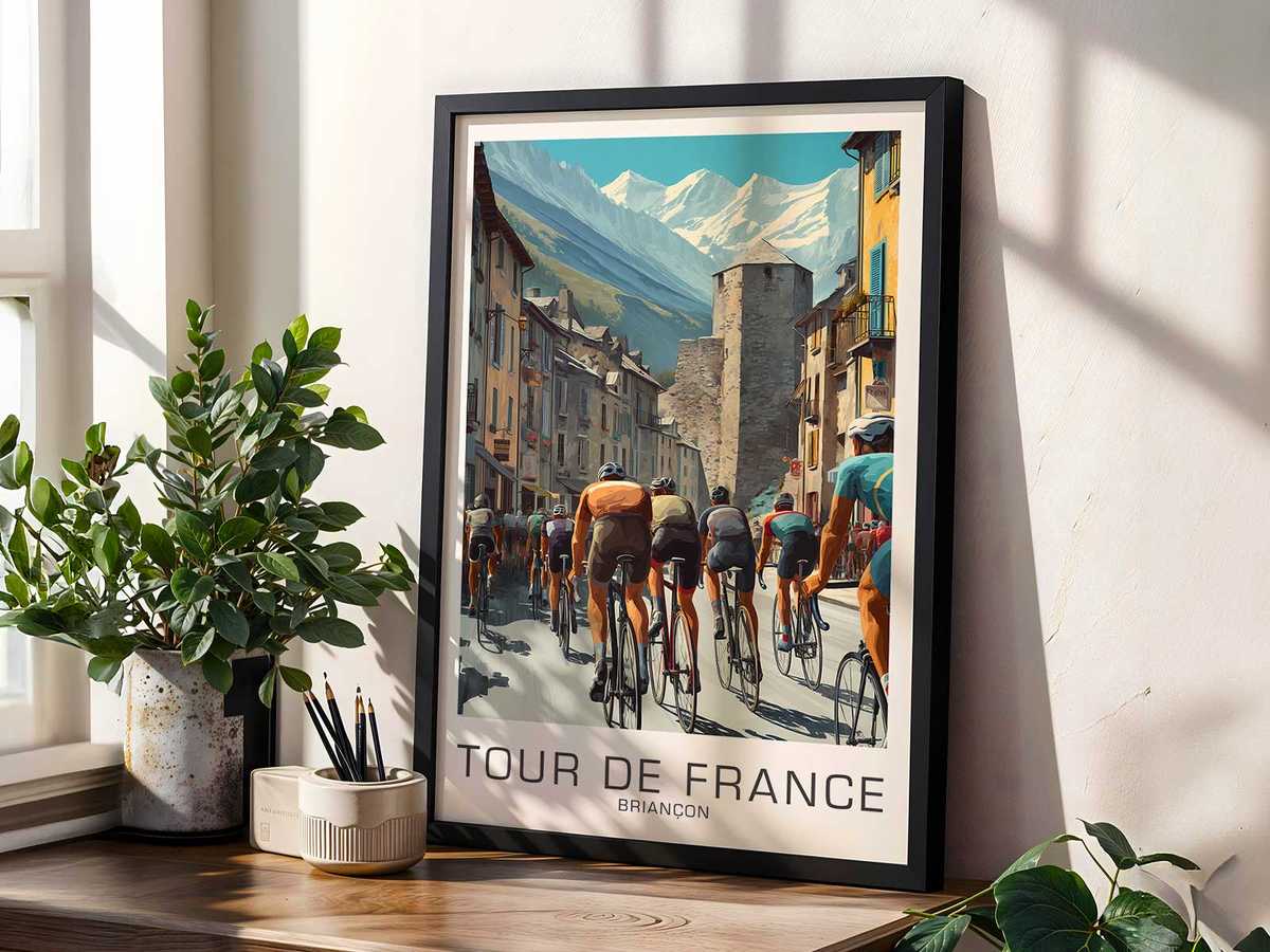 Vintage illustration of Briançon Heritage presented through peloton energy with sweeping landscape lines inspired by why a vintage tour image becomes more than bike…
