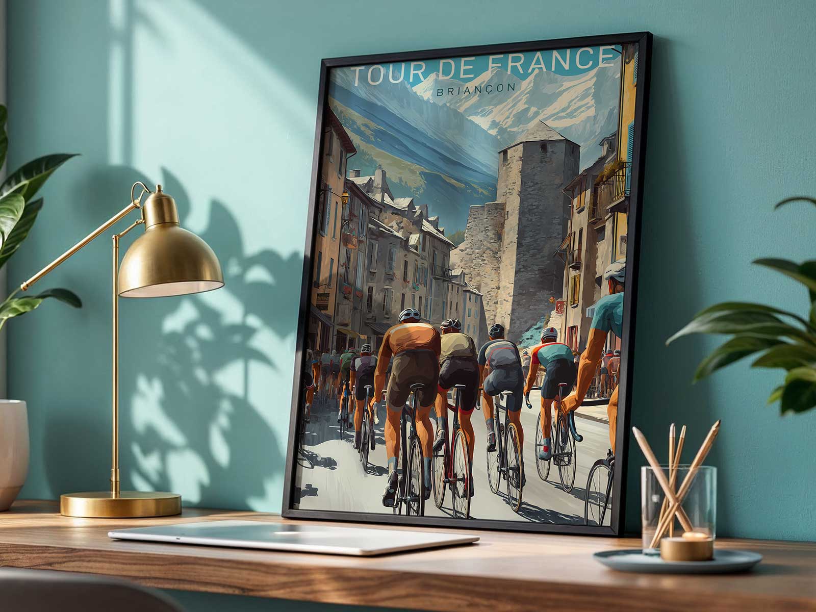 Retro photograph of Briançon town square with cyclists and spectators from a past Tour