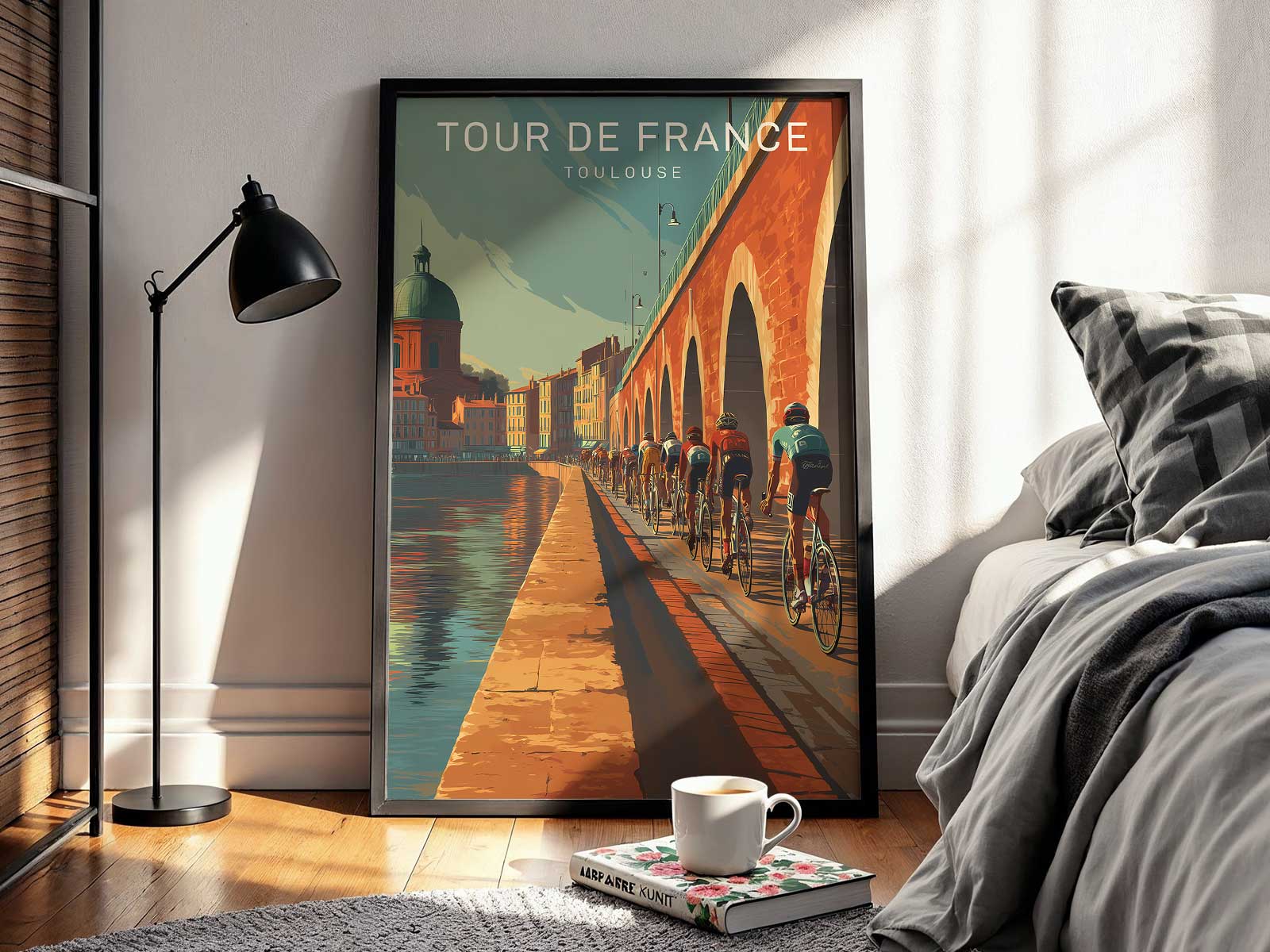 Cyclist paused by a narrow canal lock, with calm water reflecting buildings and creating a tranquil, intimate cycling scene