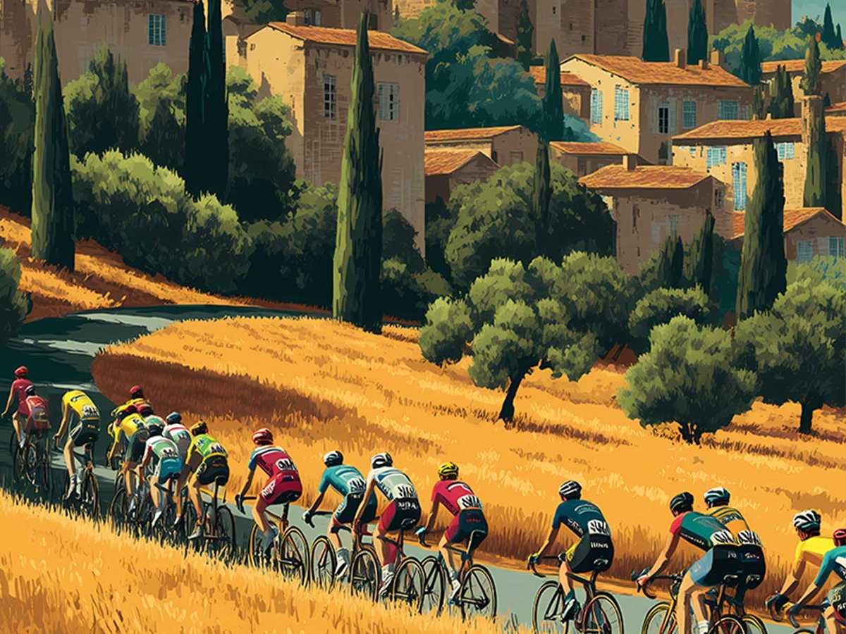 Winding road cutting through vineyards and gentle hills outside Carcassonne with a lone rider in the distance