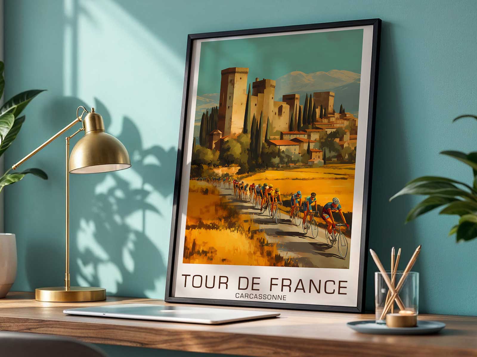 Racing bicycle silhouette framed against Carcassonne city wall, emphasizing geometric lines and negative space