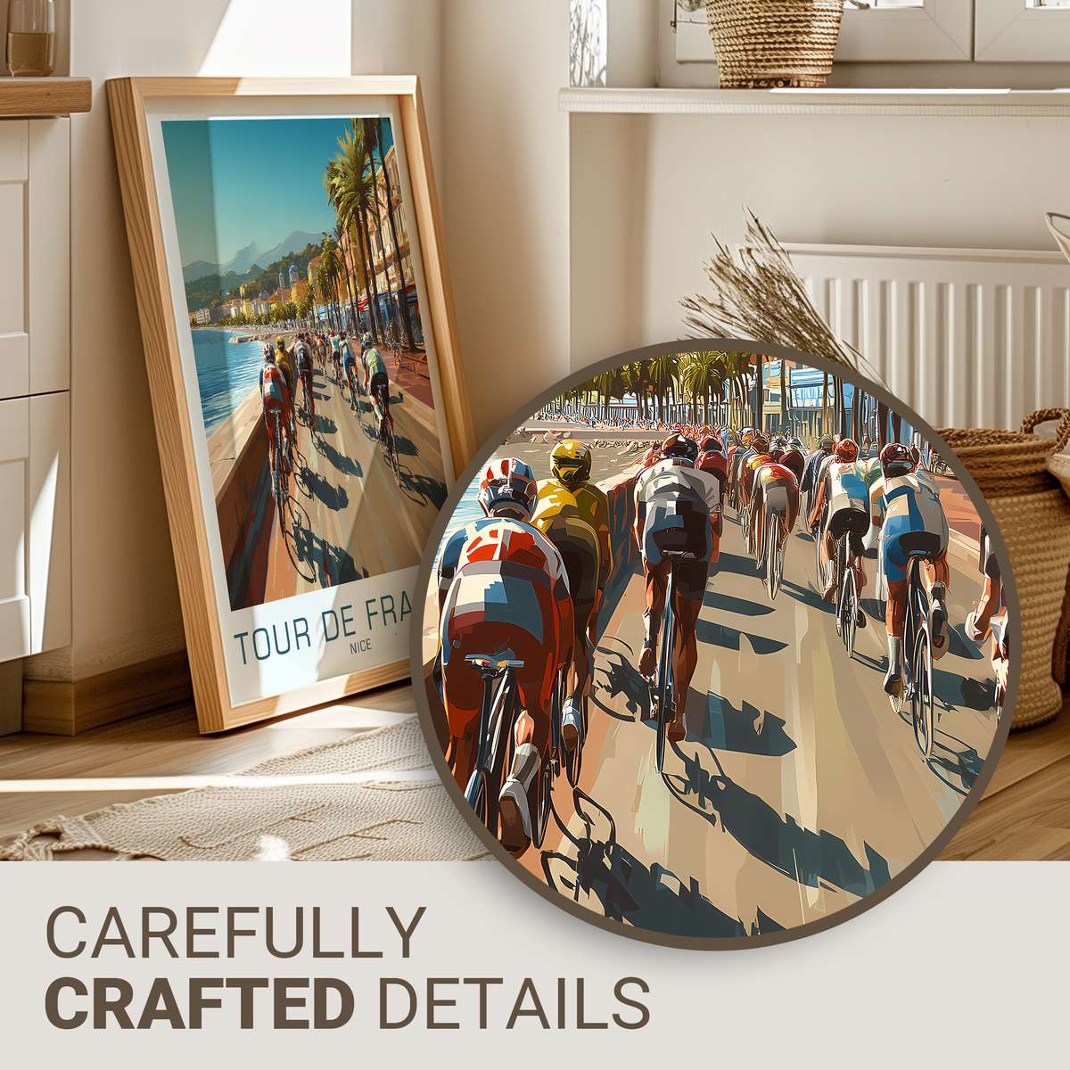 Vintage Tour de France poster showing Nice coastline with riders and sunlit promenade in muted archival tones