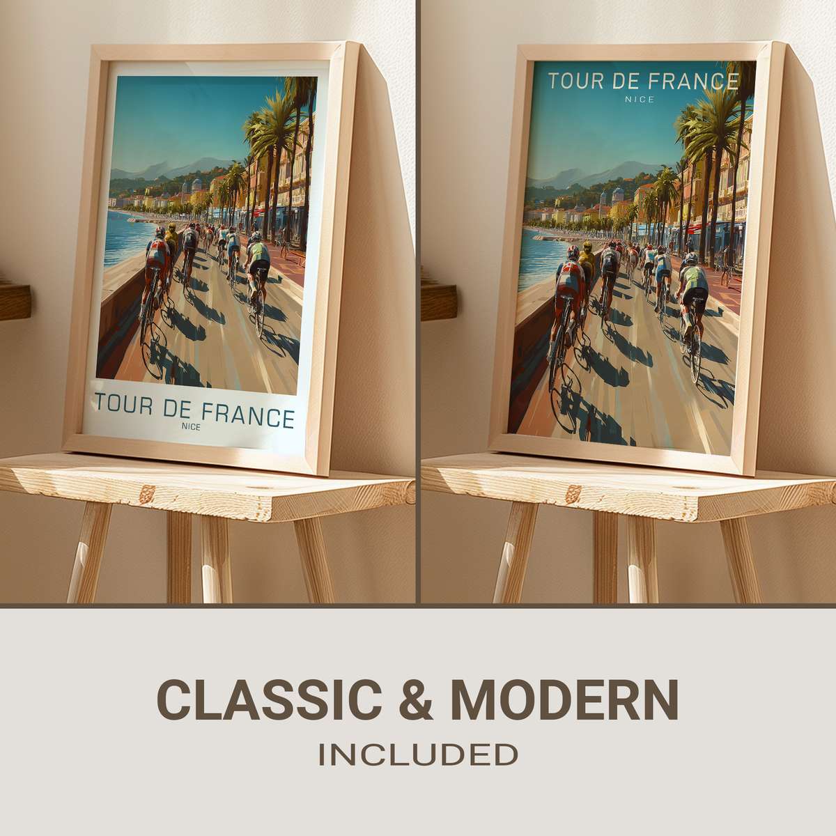 Vintage Tour de France poster showing Nice coastline with riders and sunlit promenade in muted archival tones