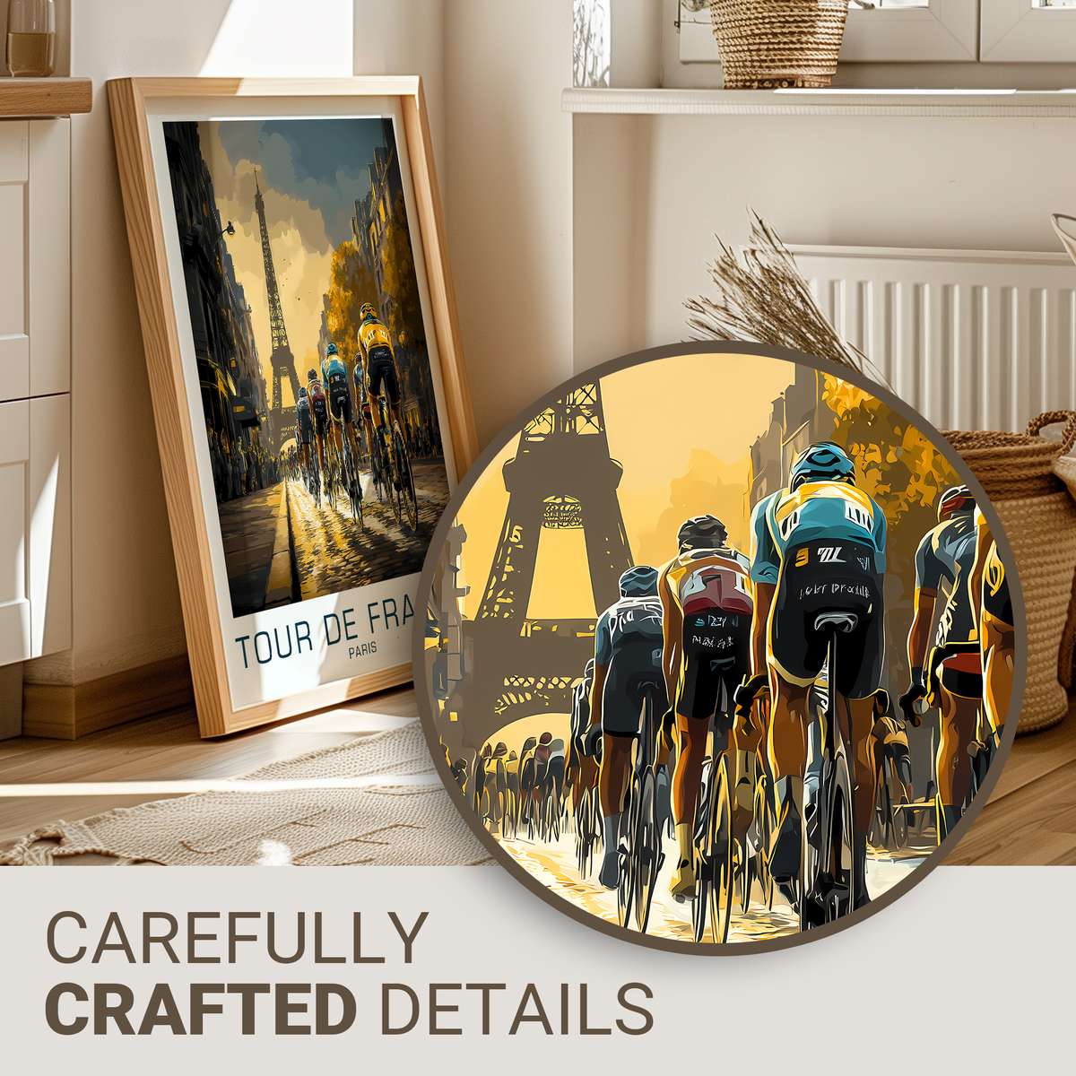 Wide-angle poster view of the Champs-Élysées approach with finishing boulevard and stylized crowd silhouettes