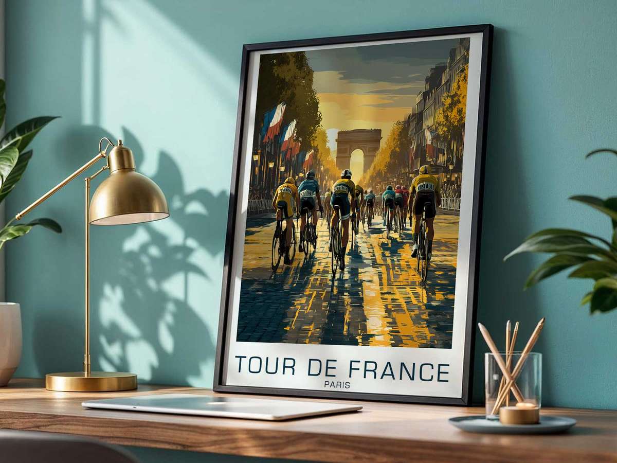 Artistic view of Champs-Élysées Sprint showing competitive road action and scenic depth inspired by how one instant on the avenue becomes iconic for home office decor