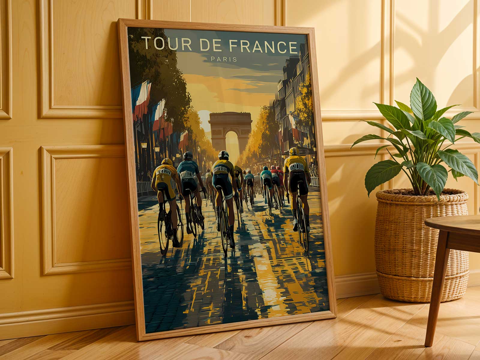 Sprinters charging down the Champs-Élysées with the peloton compressed behind, sunlight glancing off helmets and chrome