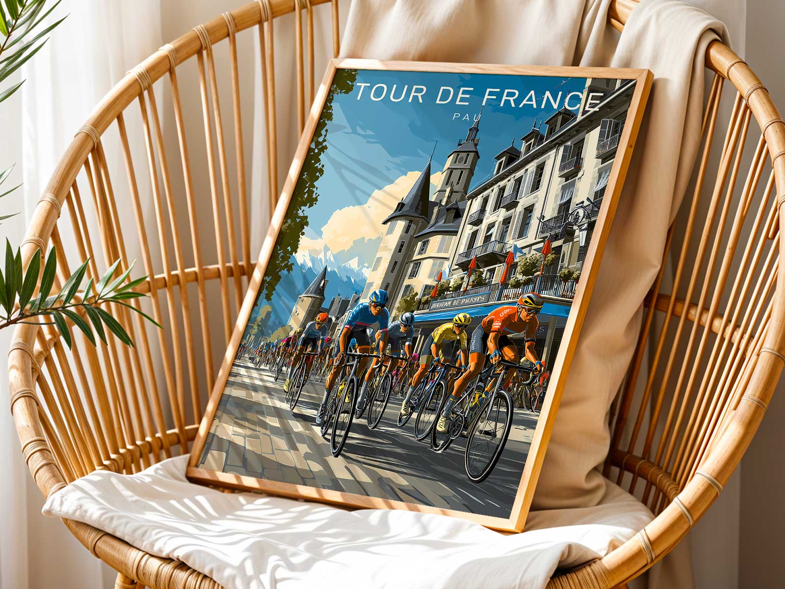 Sunlit city square in Pau transformed into an imagined stage finish with banners, spectators and a rider crossing the line