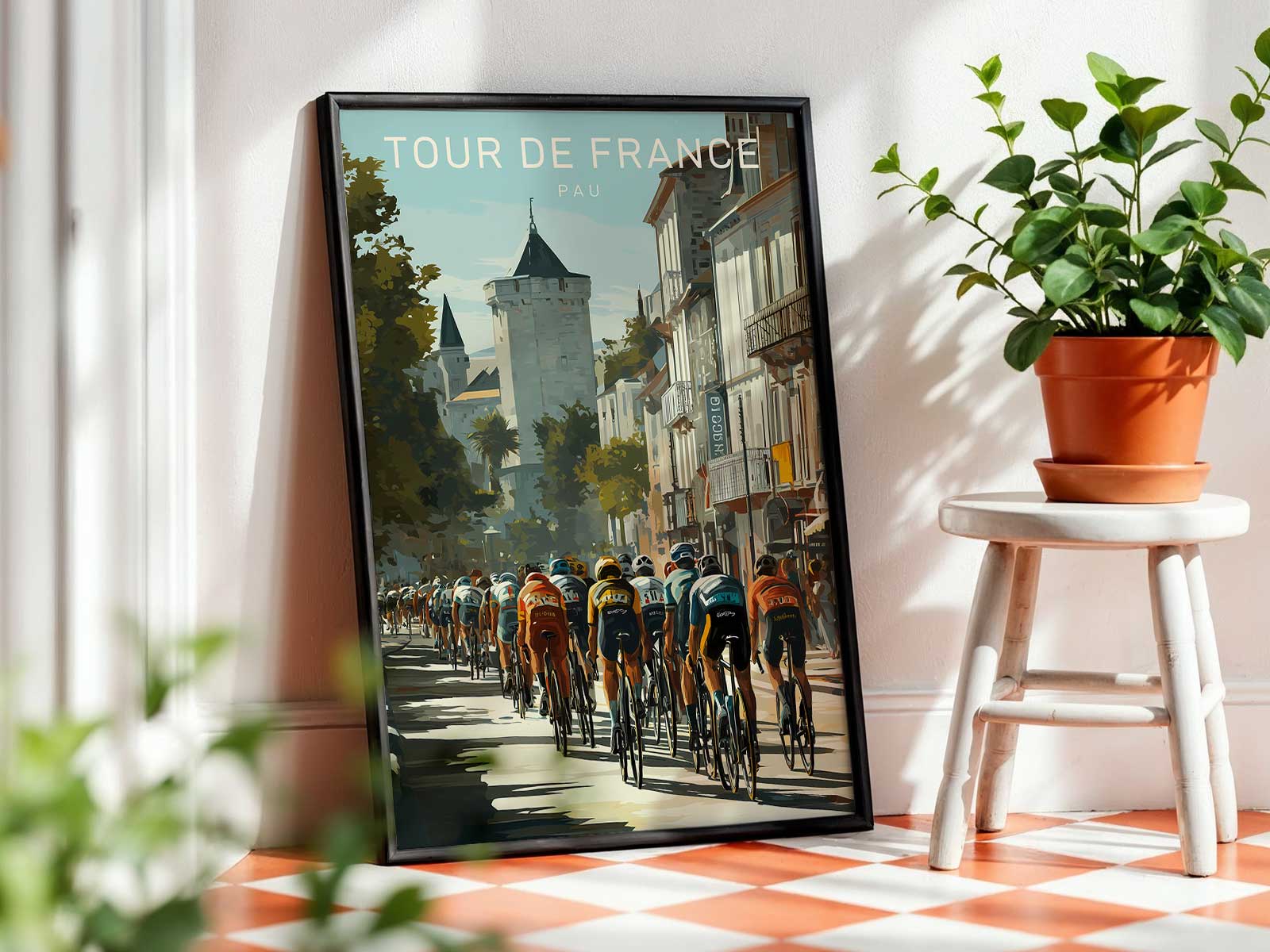 Illustration of a classic road bicycle on a Pau poster with period-correct lines and muted colors ideal for refined bicycle…