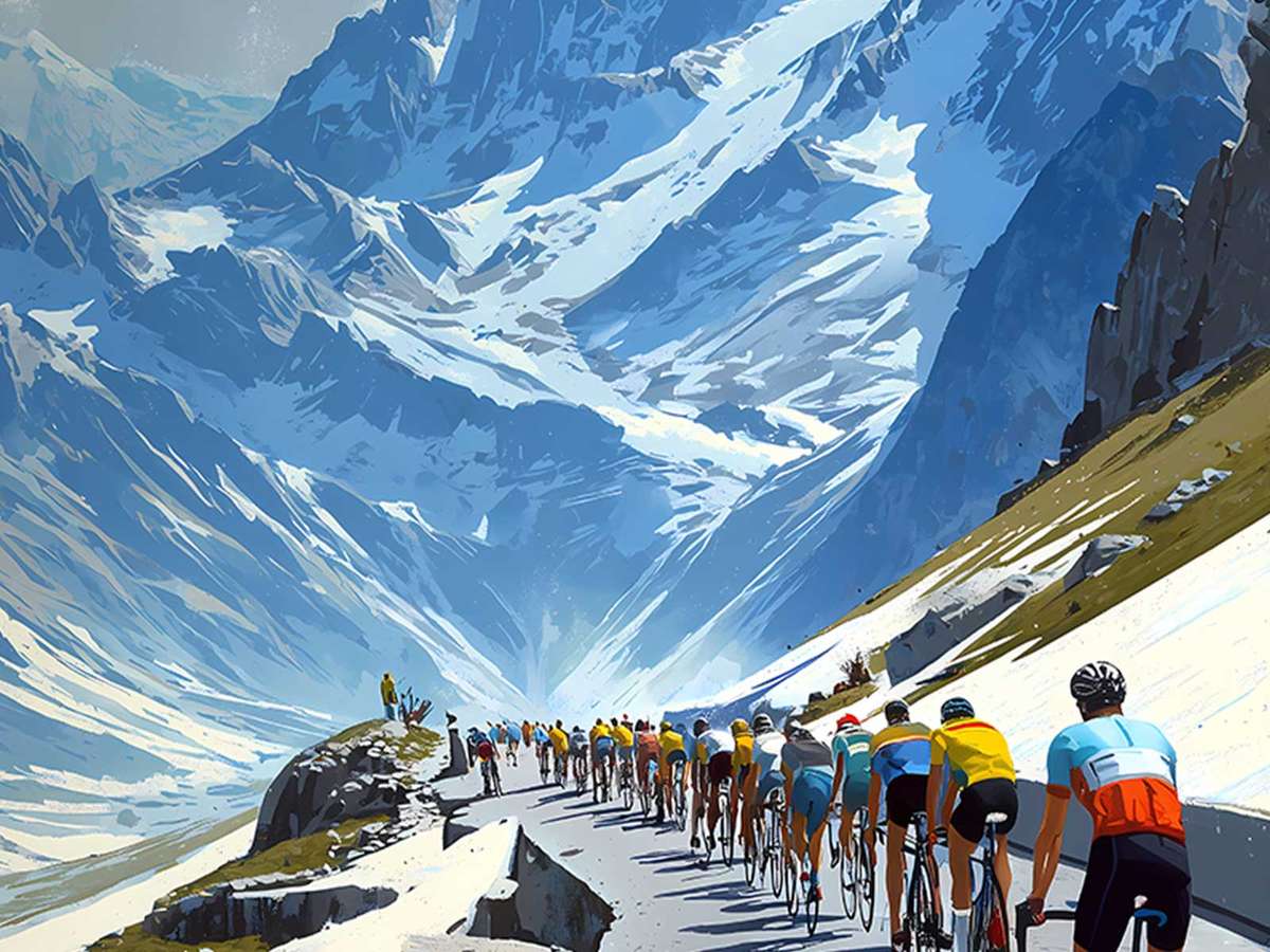 Two riders riding shoulder to shoulder up a narrow Galibier ascent, their proximity amplifying the competitive tension