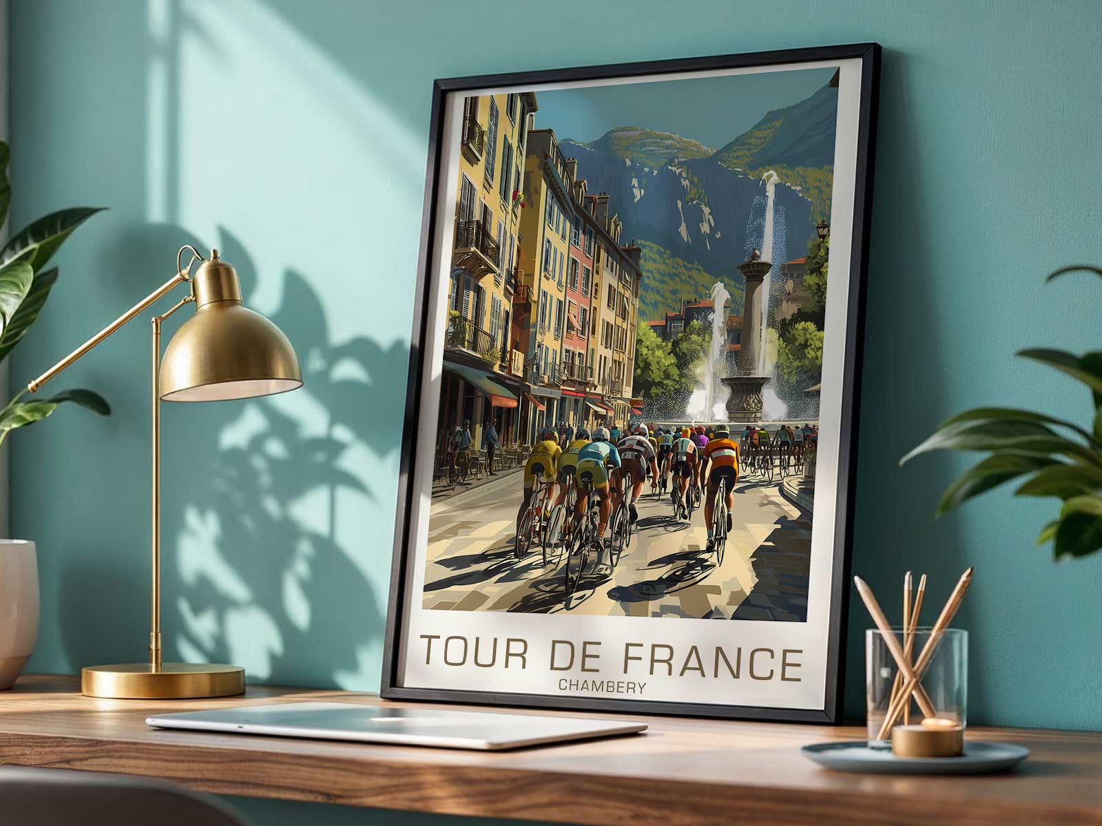 Close-up of aged paper and print halftone on a vintage cycling poster revealing archival texture