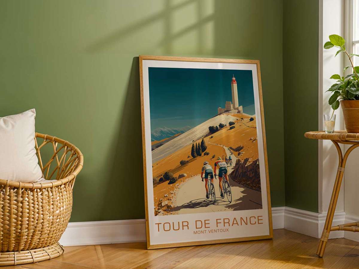 Close-up of a cyclist’s hands on the drops, grit on the frame and a determined jawline, with Mont Ventoux’s rocky slope…