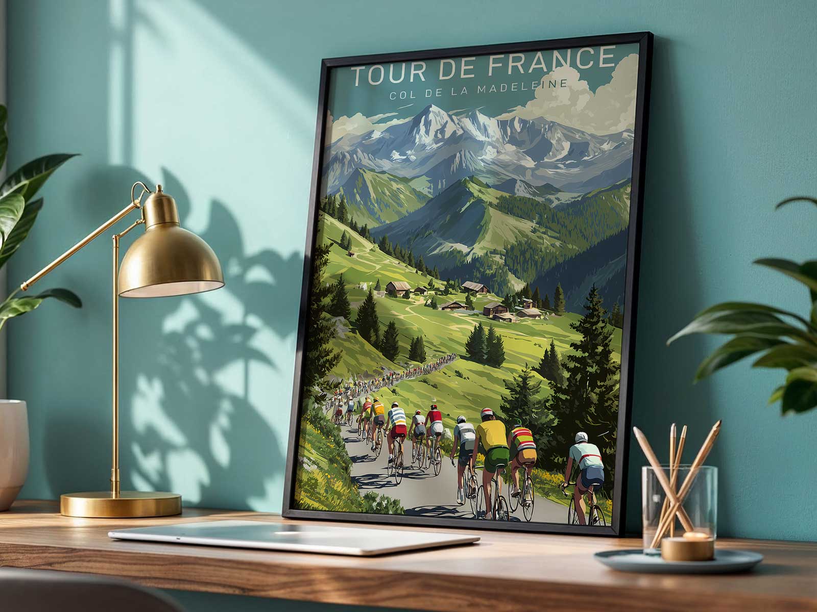 Graphic poster view of Col de la Madeleine approaching the summit with winding road and lone cyclist silhouette