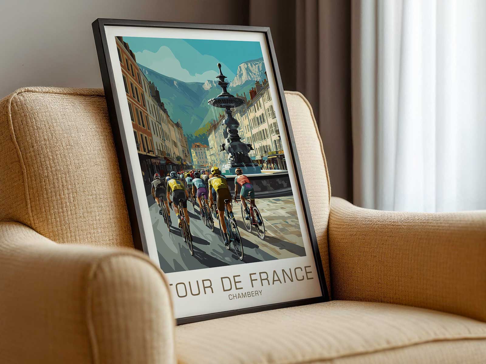 Framed Chambéry vintage cycling poster displayed in a modern interior, showing how historic posters function as…