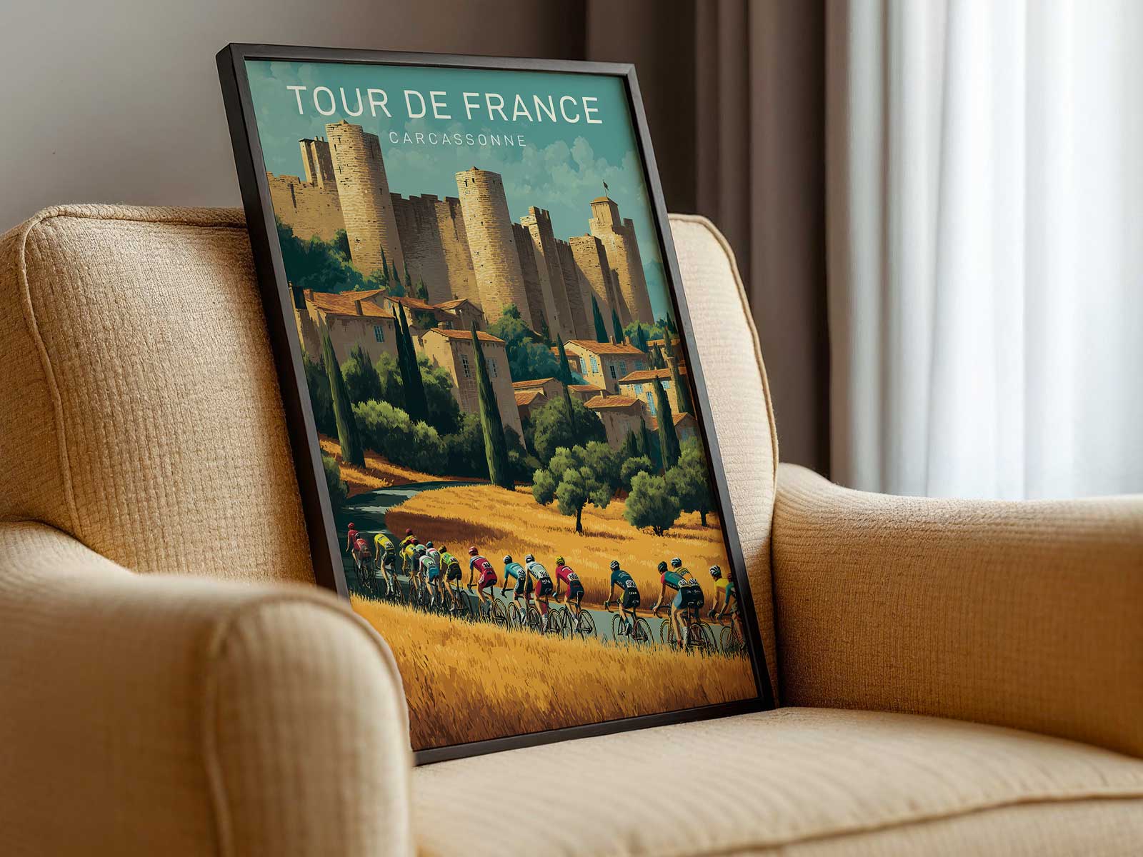 Interior shot of a living room wall displaying a Carcassonne-inspired Tour de France poster among other vintage cycling…