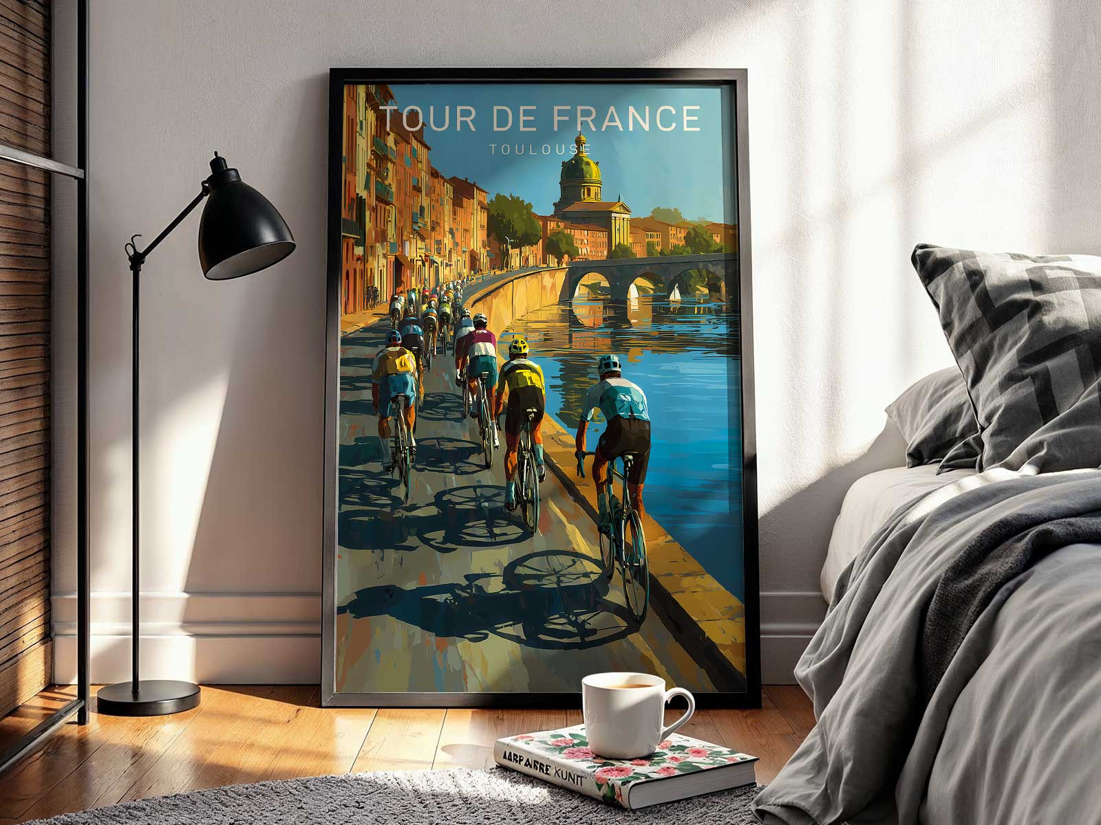 Framed Toulouse vintage poster hanging in a living room, blending cycling heritage with home decor