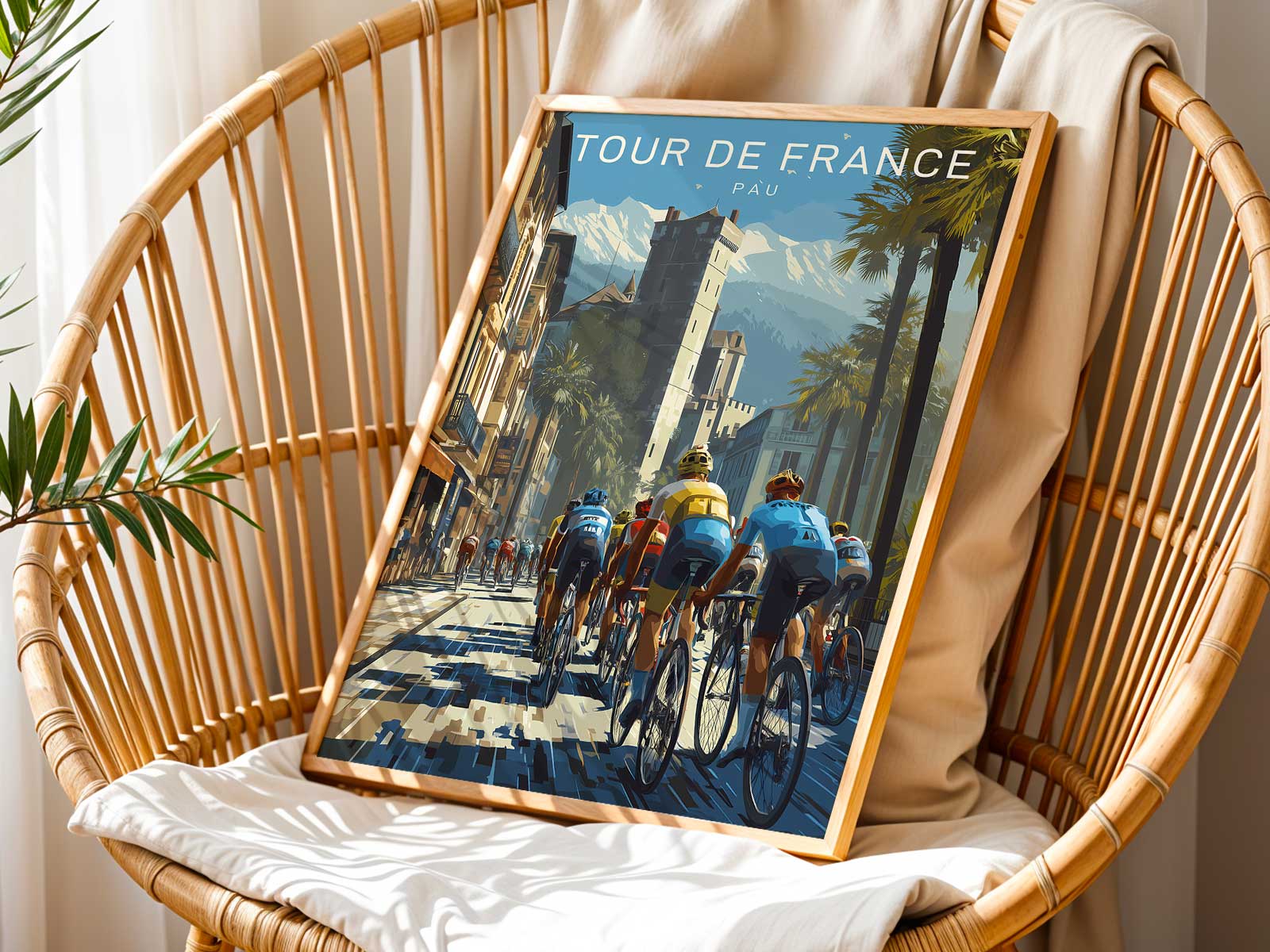 Pau-inspired poster using muted color blocks and subtle Tour de France references to balance sporting heritage and modern…