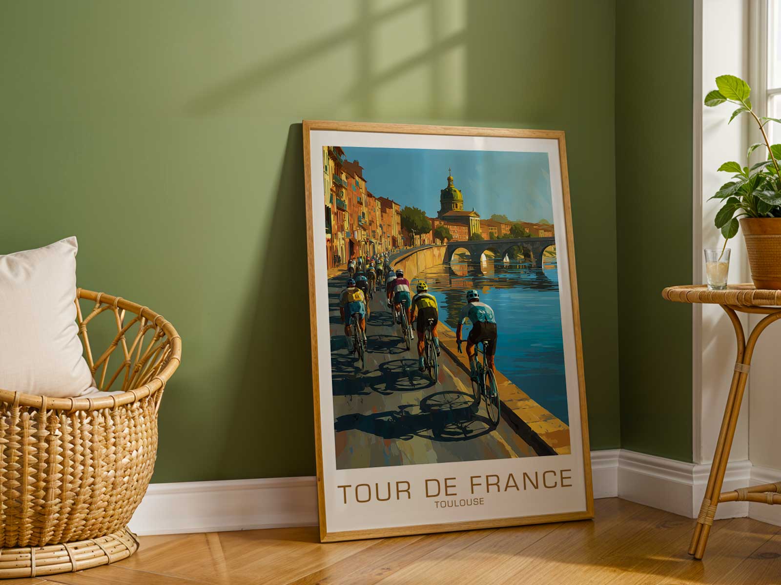 Palette and design elements of a Toulouse Tour-inspired poster with muted hues and archival graphic motifs