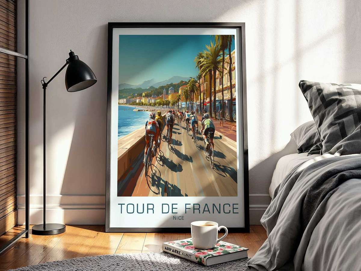 Palette study of faded blues, sun-washed yellows and sepia tones from the Nice Tour de France poster