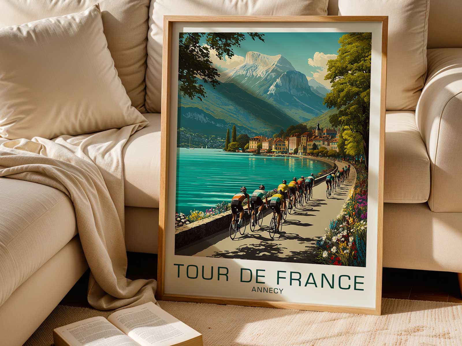 Wide composition showing balanced placement of riders, lake, and alpine backdrop that creates a serene, structured poster…