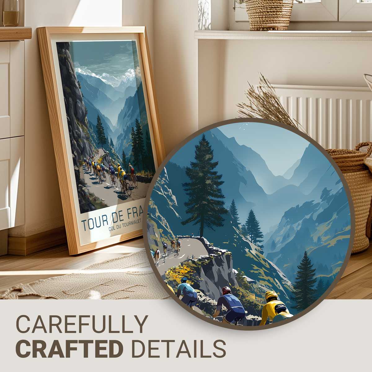 Vintage-style poster of a winding mountain road climbing toward the Col du Tourmalet with tiny cyclists in the distance…