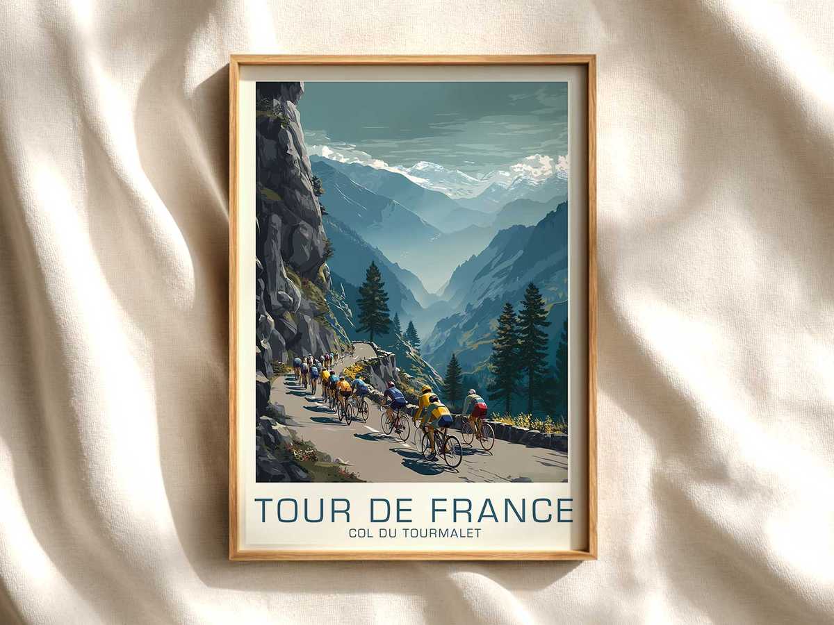 Vintage-style poster of a winding mountain road climbing toward the Col du Tourmalet with tiny cyclists in the distance…